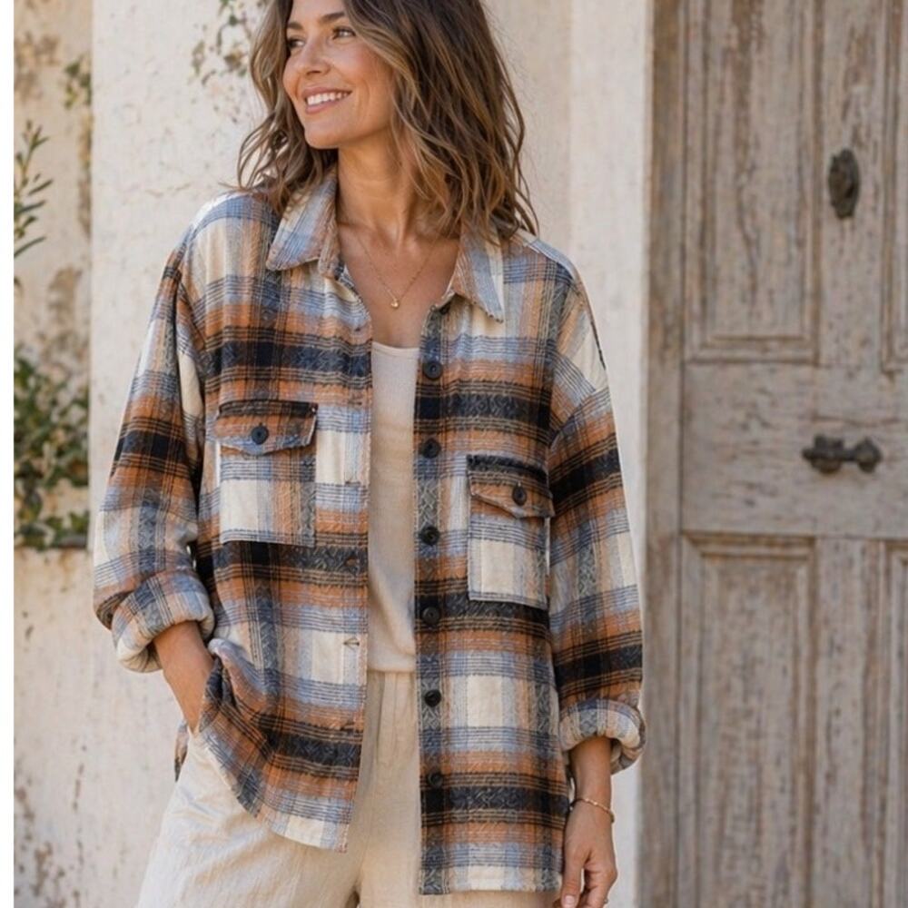 Elan Oversized Plaid Shirt Jacket XL Brown Blue Button Front Boho Coastal